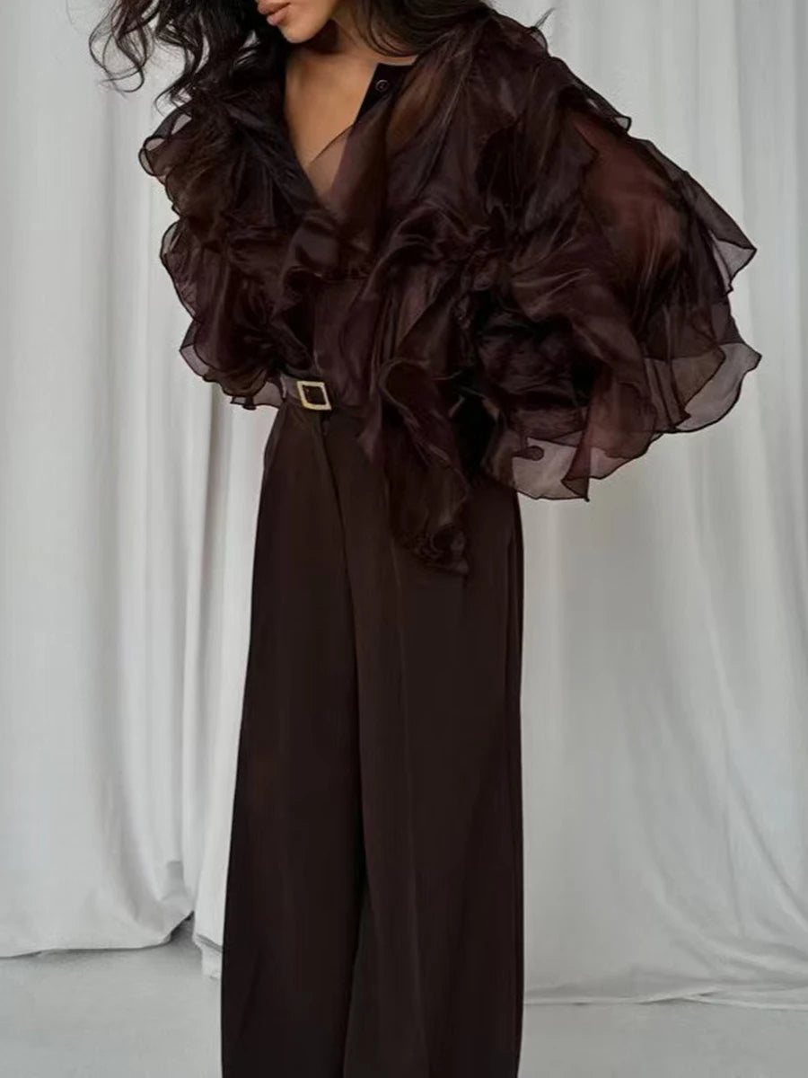 Chic Spliced Ruffles Solid Color Blouse for Women V Neck Long Sleeve Patchwork Sheer Design Loose Shirt Female Fashion Style