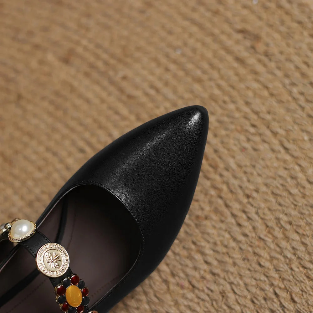 Handmade Genuine Leather round Toe Camellia Mary Jane Shoes Women's Retro Low Heel Single Shoes Comfortable