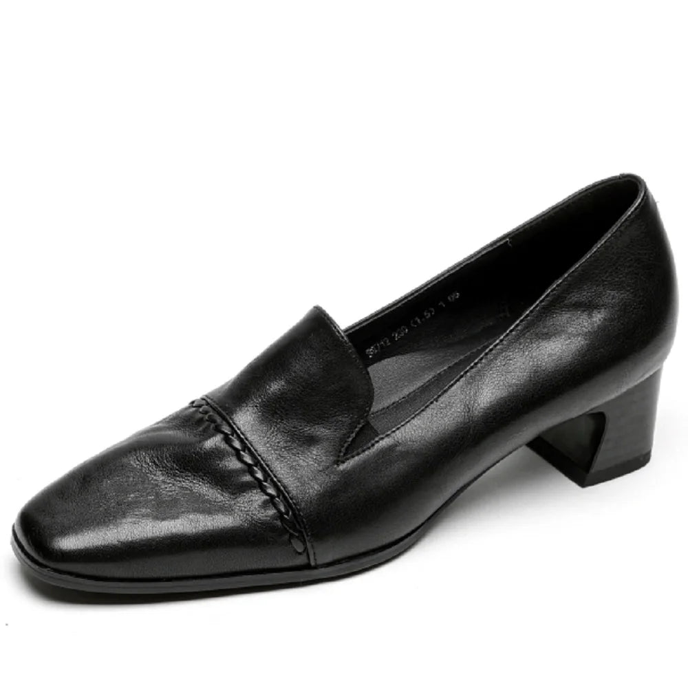 Woman Handmade Cowhide Real Leather Square Toe Mid Hells Soft comfortable Vintage Loafers Casual Walk Shoes 34-40