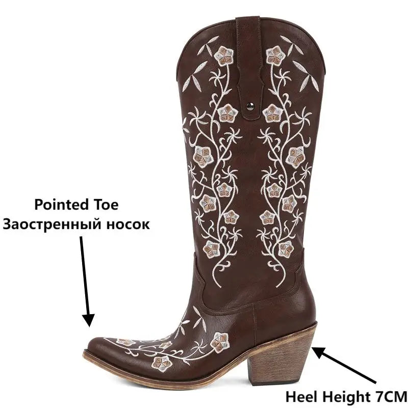 Onlymaker Women Pointed Toe Retro Western Cowgirl Boots Chunky Heel Embroidery Side Zipper Cowboy Boots