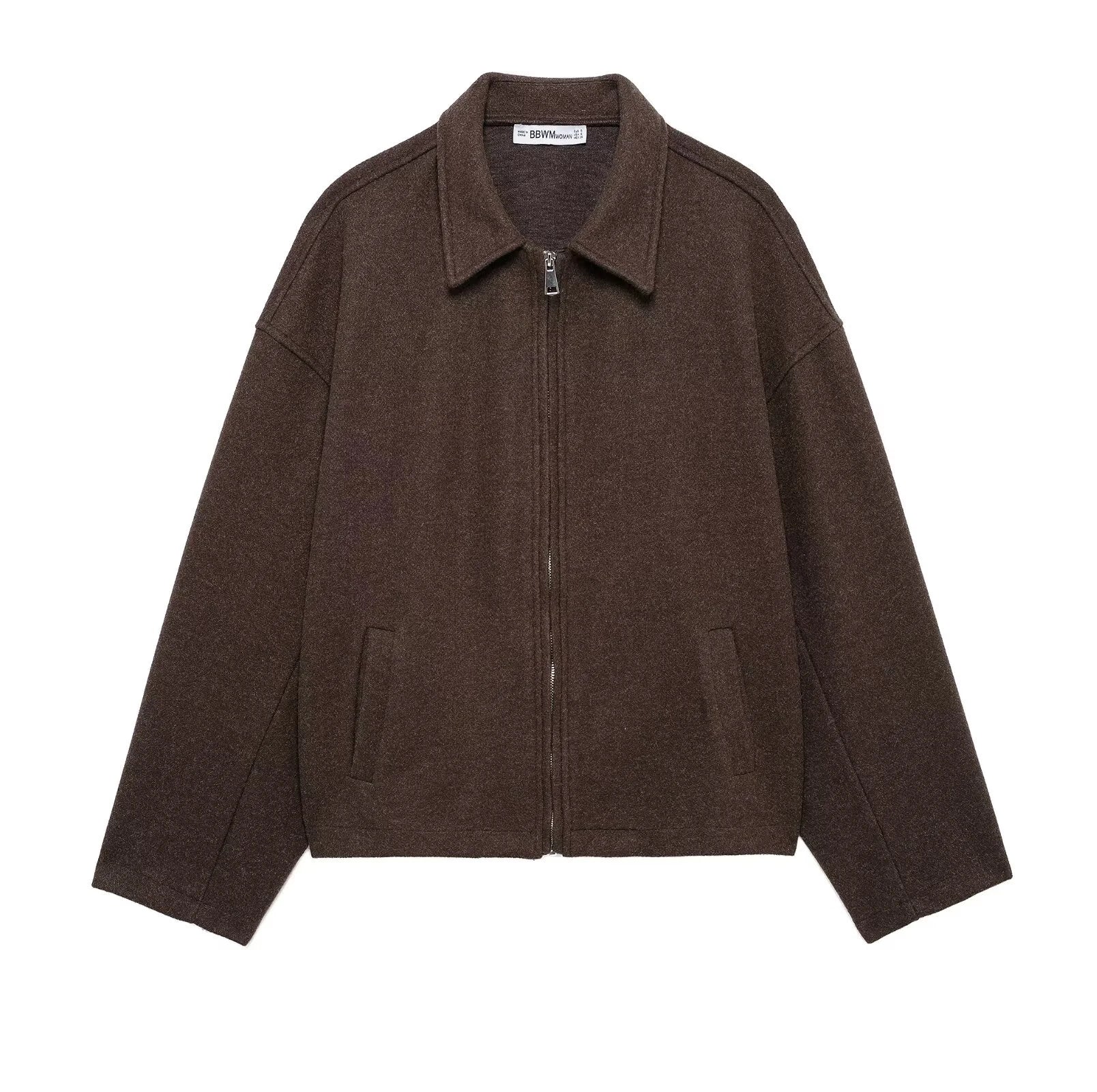 Autumn and Winter New Product Women's Fashion Simple and Versatile Flip Collar Long Sleeve Wide Zipper Short Woolen Coat