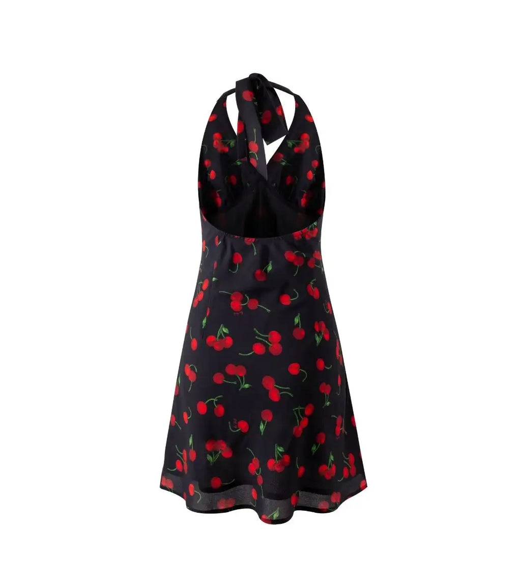 2026 Autumn New European And American Style French Leaky Back Retro Cherry Print Halter Dress Street Style Women's Floral Skirt
