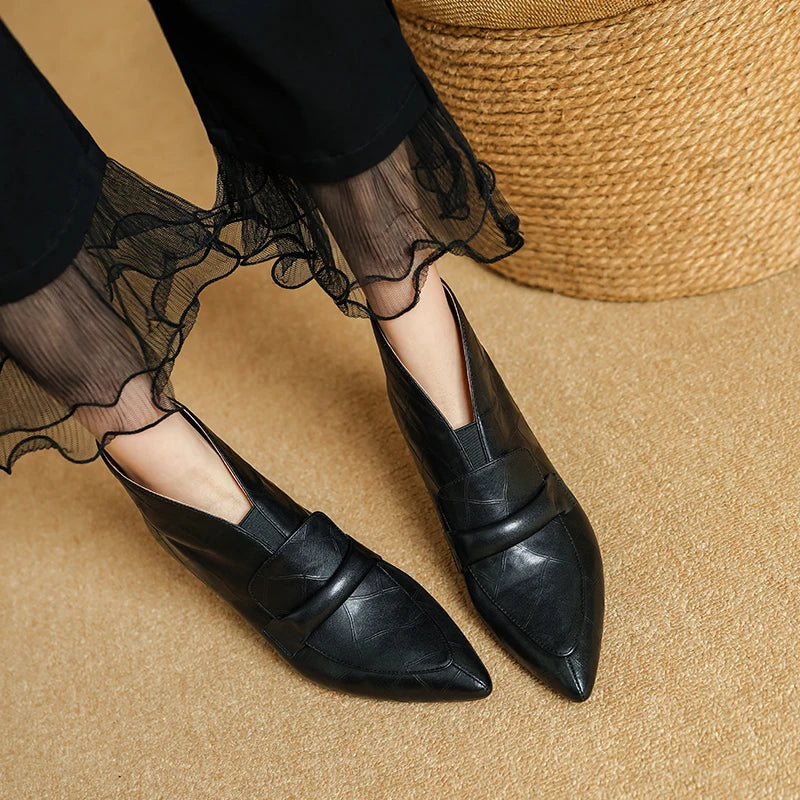 New Women Handmade Boots Mid heel Genuine Leather Shoes Pointed Toe Ankle Boots Chunky Shoes Western Boots 34-40