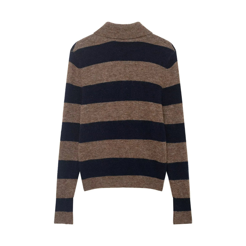 2025 Winter New Product Women's Flip Collar College Style Long Sleeve POLO Collar Striped Knitted Cardigan