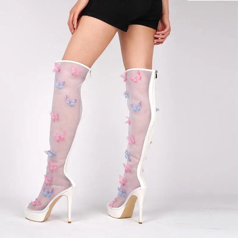 Onlymaker Women Peep Toe Butterfly Air Mesh Platform Over The Knee High Boots Zipper Sexy Sweet Thin High Heel Wedding Boots
