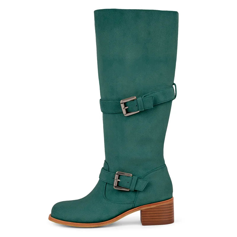 Onlymaker Women Round Toe Knee High Boots Low Heel  Fashion Pull on Wide Calf  Boots