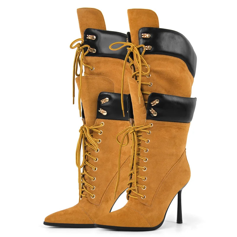 Onlymaker Women Pointed Toe Double Stiletto High Heel Lace Up Mid-Calf Boots Fashion Sexy Lace Up Strappy Knee High Boots