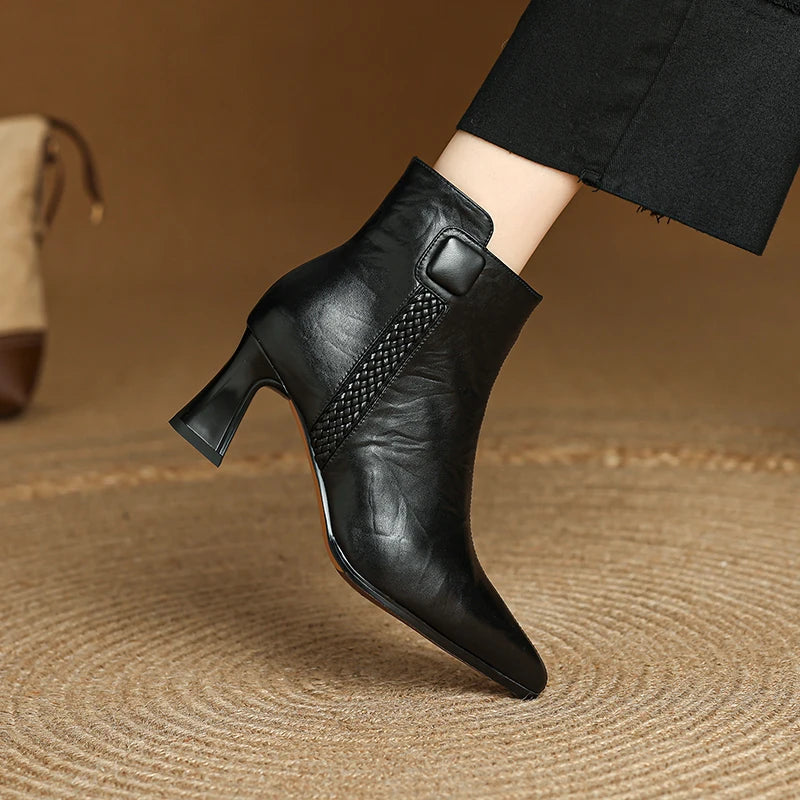 Handmade Genuine Leather Sexy Soft and comfortable Ankle Boots Women Retro Pointed Toe Chunky Short Boot