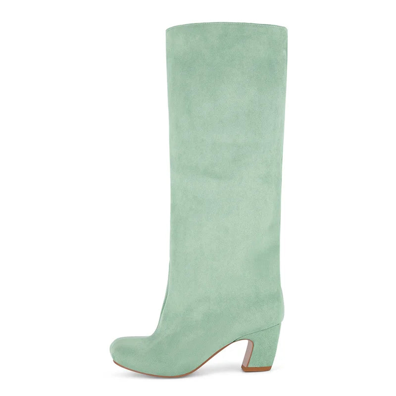 Onlymaker Square Toe Leopard Faux Suede Leather Knee-high Boots Chunky Heel Autumn Solid Slip On Fashion Elegant Boots