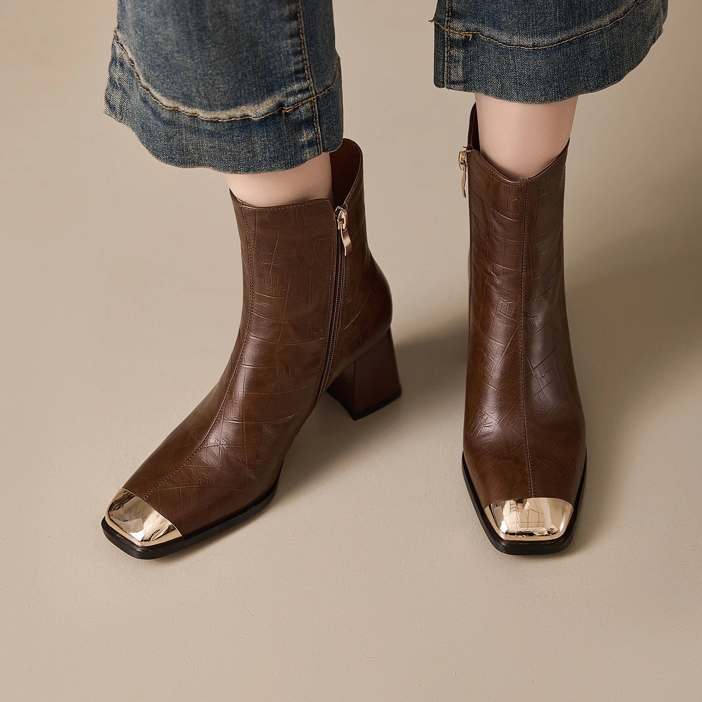 Women's Handmade Genuine Leather ort Boots Metal Square Head High Heel Autumn Winter Slim Fit Street Boots 34-40