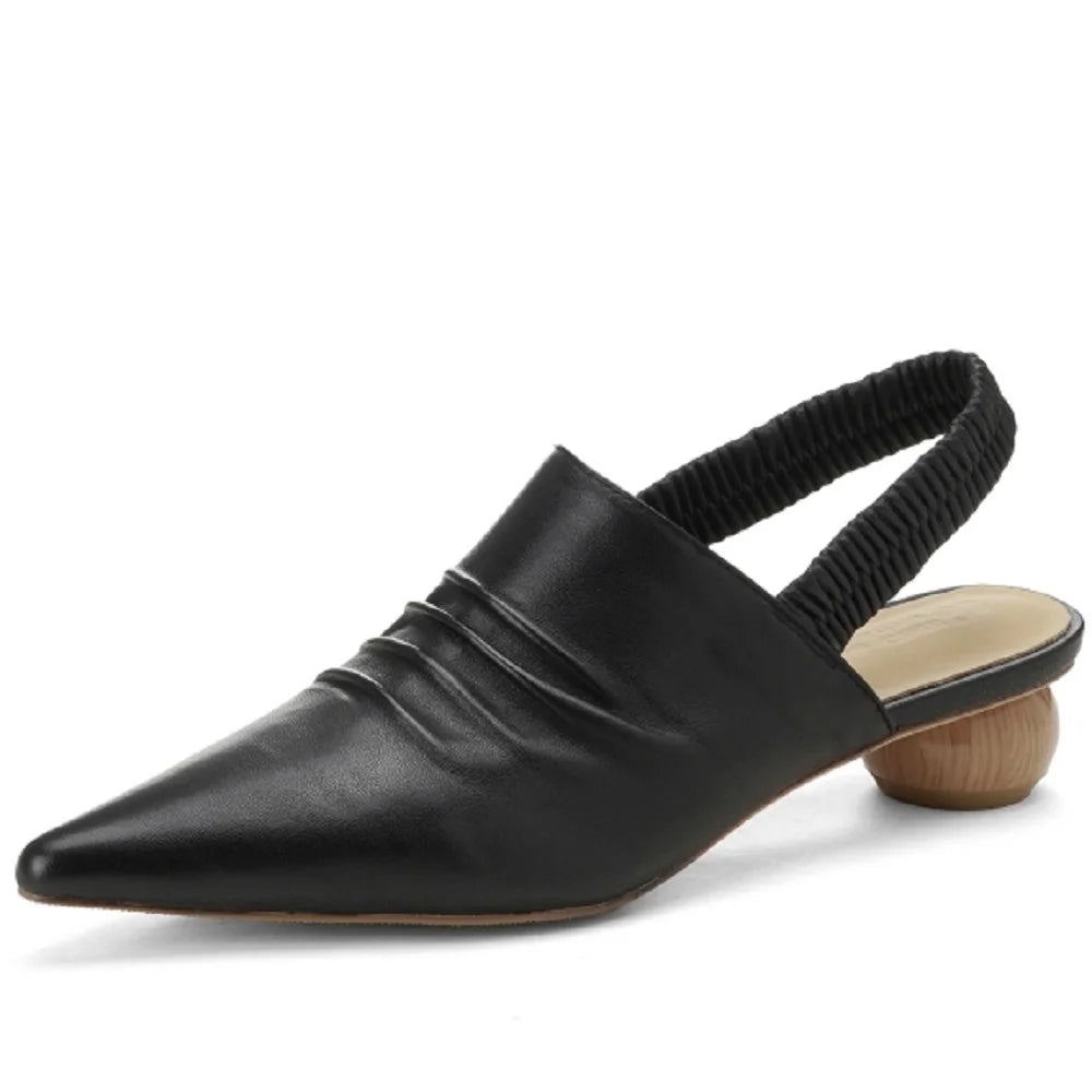 New Women Handmade Genuine Leather Wedges Shoes Female Slippers Pointed Toe Ladies Heeled Slides Slippers Sandals