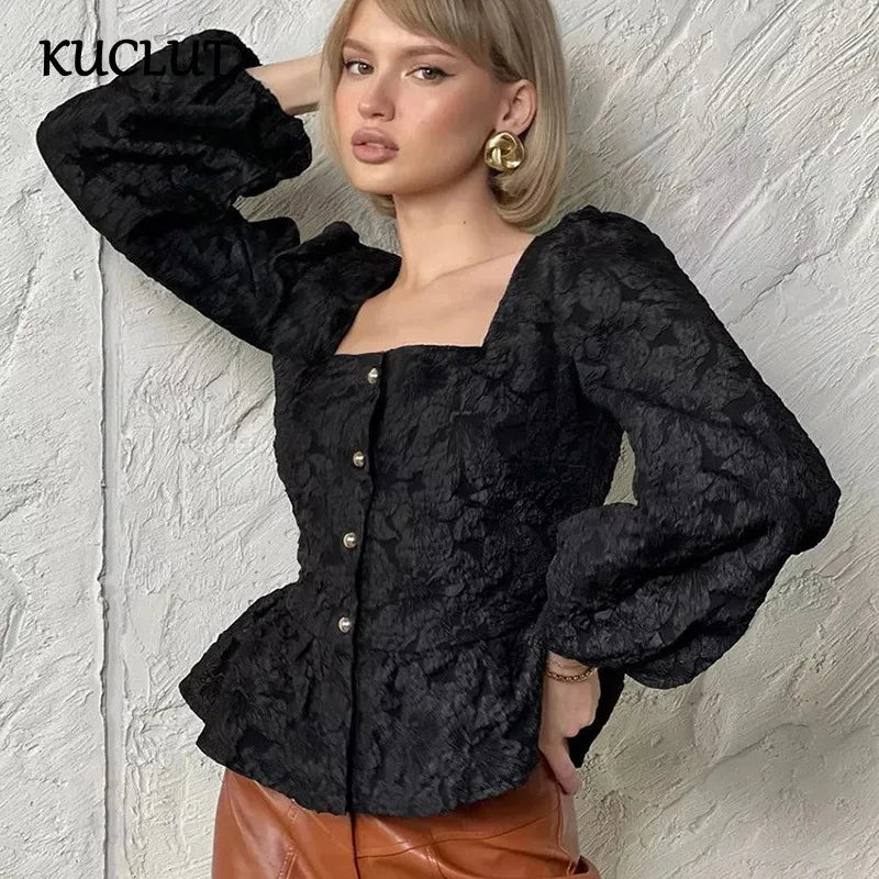 2026 Fashion New Style High-End Jacquard Shirt Square Neck Puff Sleeve Shirt For Women Versatile Long Sleeve Tops 1A1756
