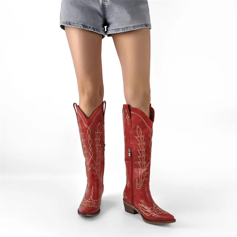 Onlymaker Women Pointed Toe Side Zipper Embroidered Western Cowboy Boots Block Heel Vintage Fashion Tall Cowgirl Boots