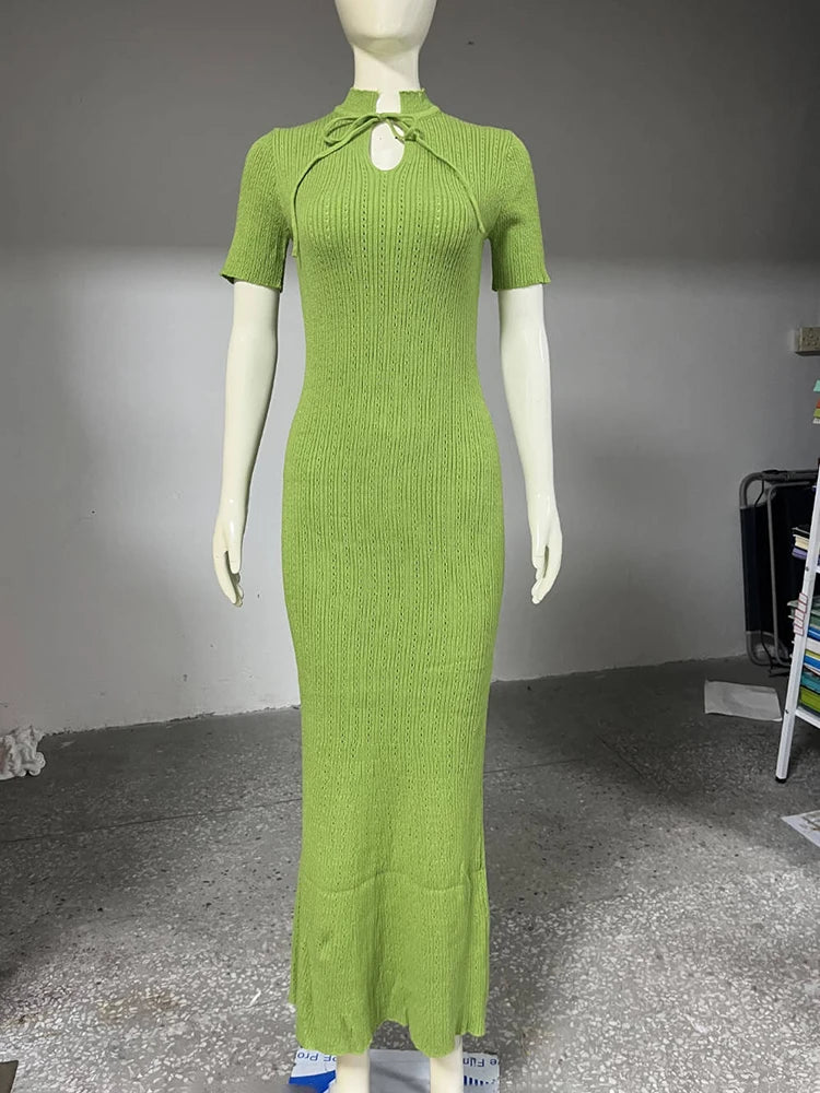 TARUXY Short Sleeve Knitted Long Dress Female Slim Hollow Retro Elegant Sweater Dress 2026 Summer New High Waist Women‘s Dress