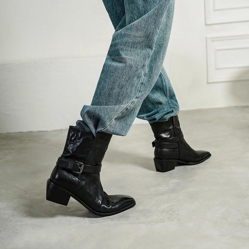 New Quality Women Handmade Genuine Leather Mid Heels Ankle Boots Sexy Square Toe Western Female High Boots 34-40
