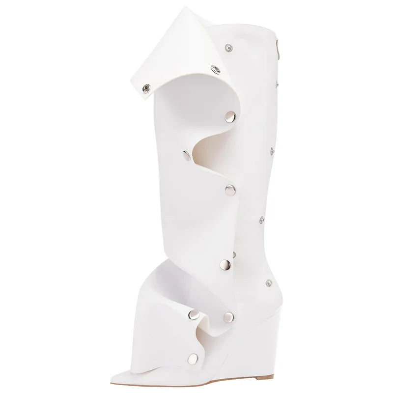 Onlymaker Women Pointed Toe Pleated Wedges Knee High Boots  Fashion Black Matte Buttons Boots