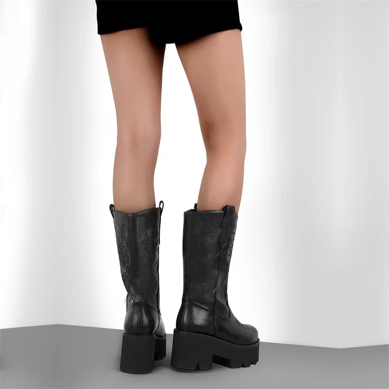 Women Platform  Mid Calf Boots Black Chunky High Heels  Big Size Lady Short Booties