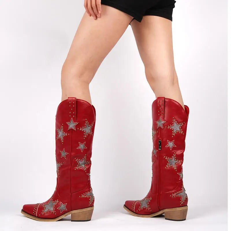 Onlymaker Women Embroidery Star Western Cowgirl Boots Pointed Toe Side Zipper Knee High with Chunky Heel  Boots