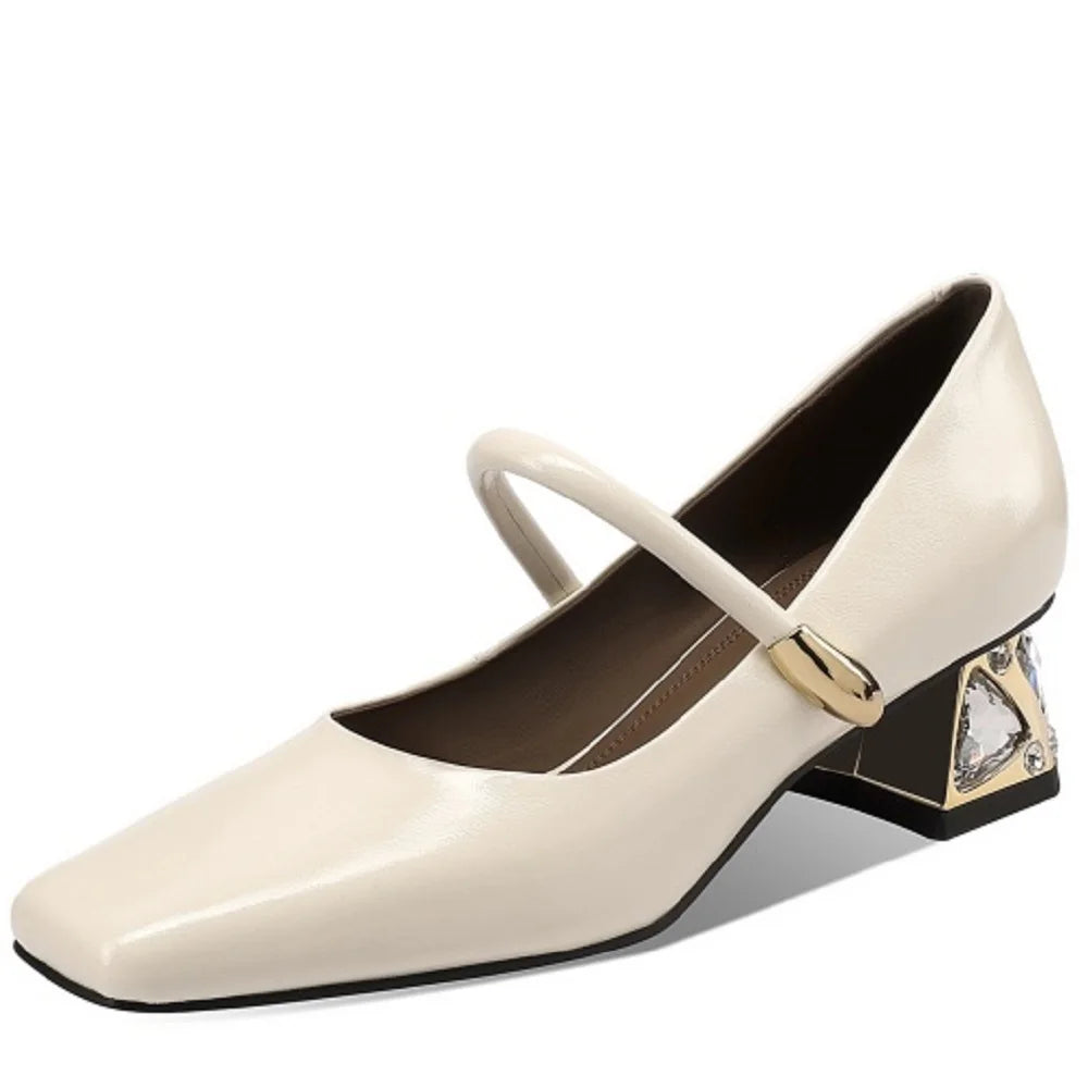 Women Handmade Genuine Leather Retro thick Mid heels Soft and comfortable Square Toe Shoes 33-43
