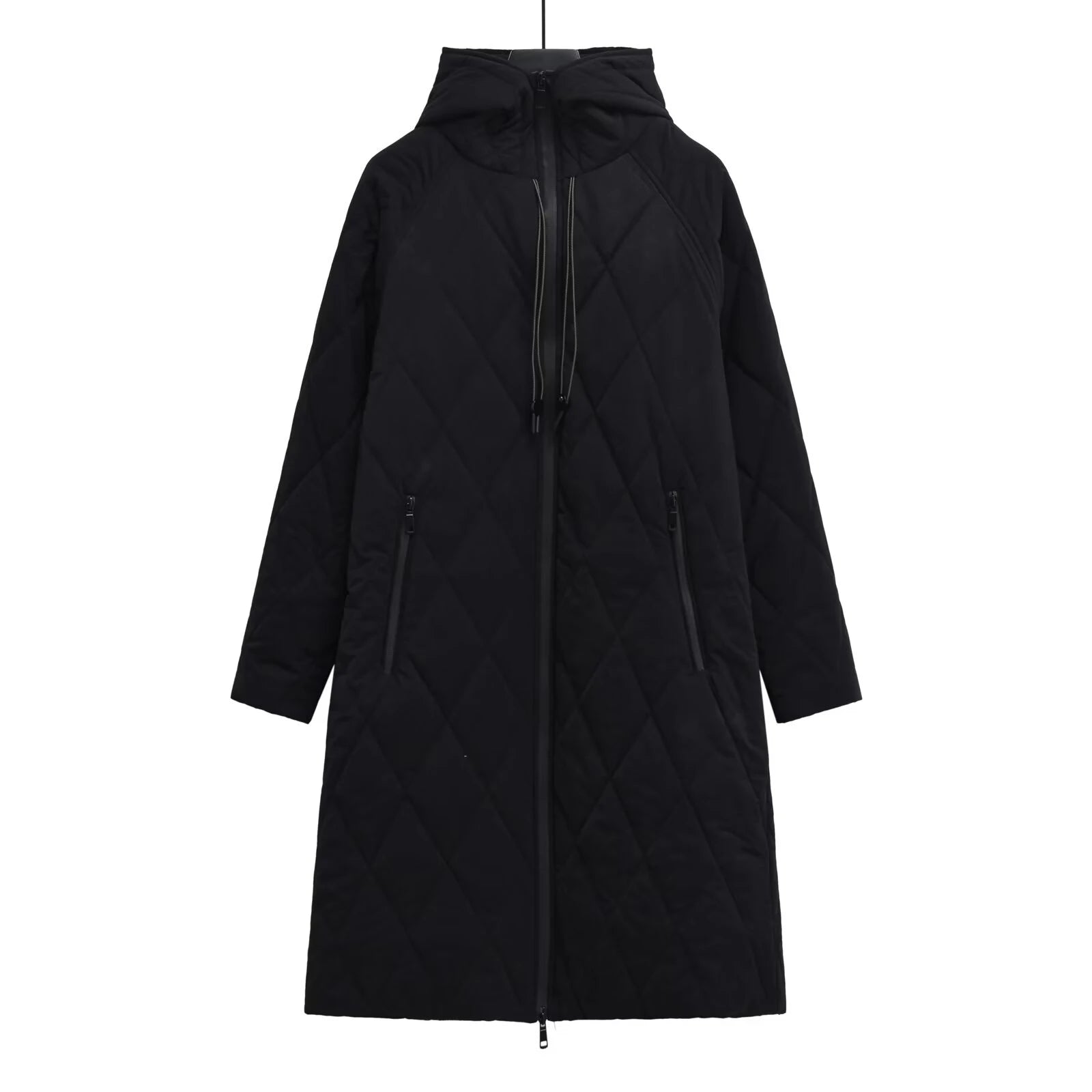 Winter new women's fashion hooded quilted diamond grid medium long cotton clothes casual loose cotton clothes