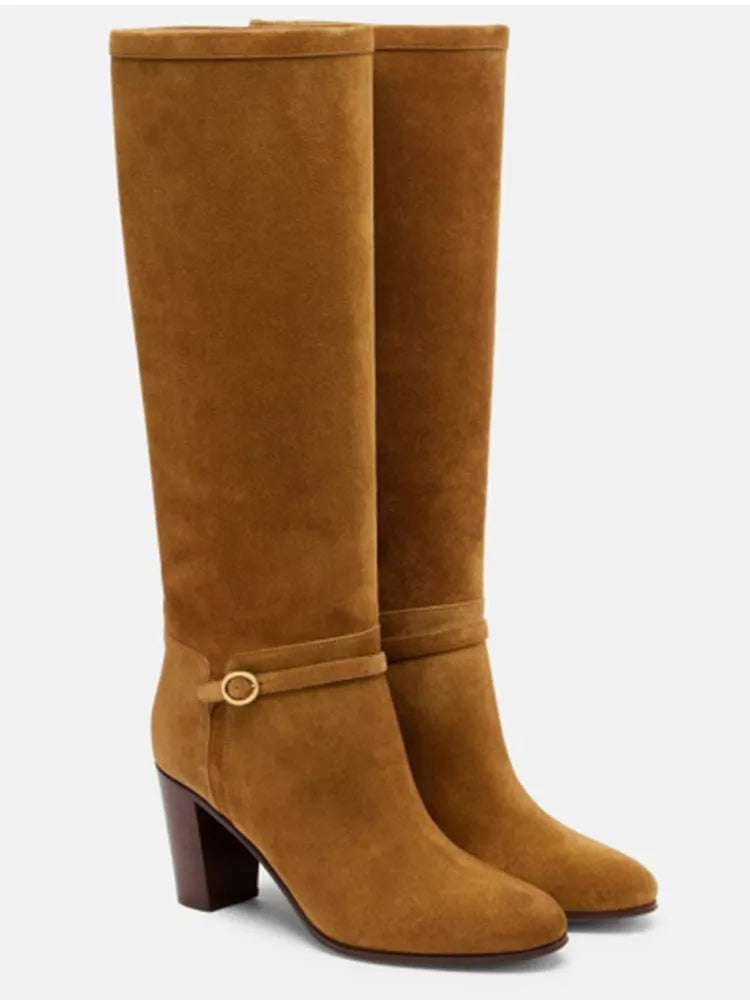 Women's Coarse High Heels Knee Length Women's Boots Round Head Fashion Women's Leather Boots 34-46 Large Medium Top Boots