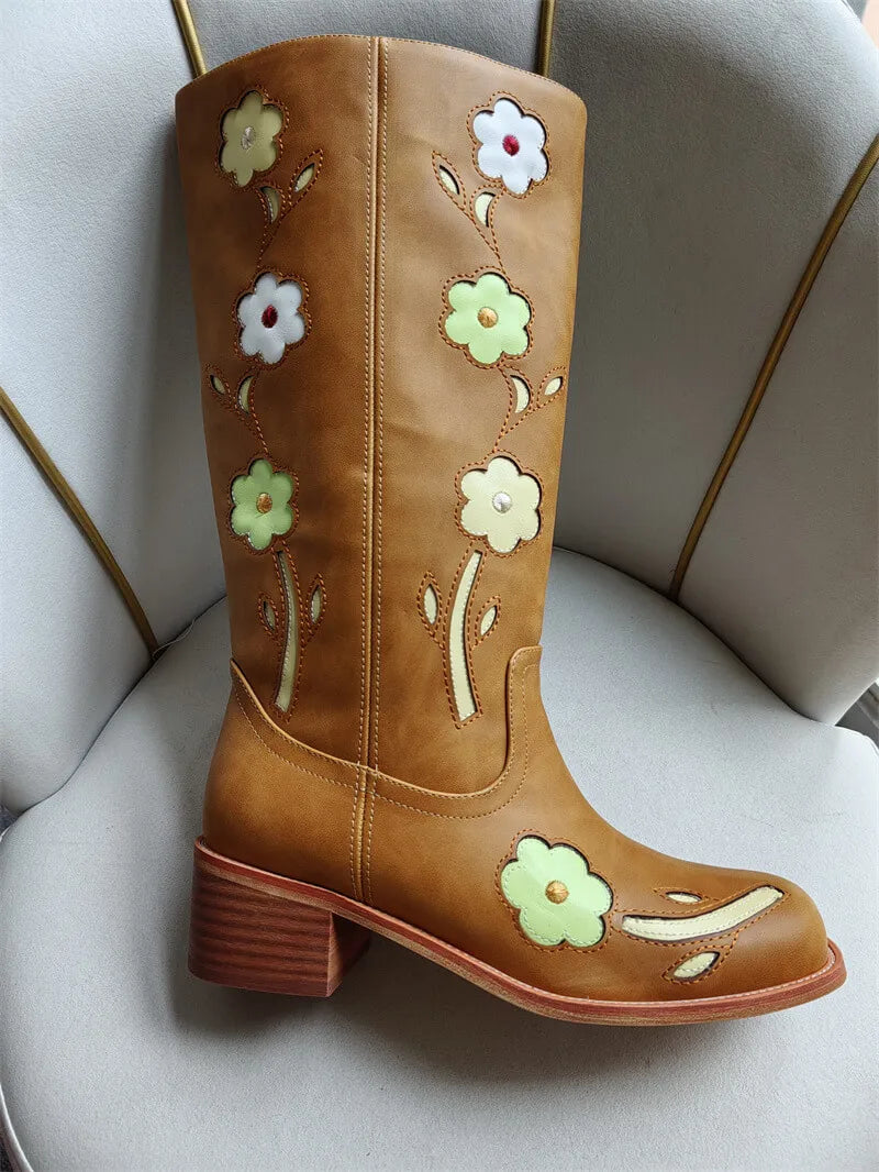 Onlymaker Women Round Toe Floral Western Embroidery Cowgirl Boots Pull On Knee High with Chunky Heel Embroidered Boots
