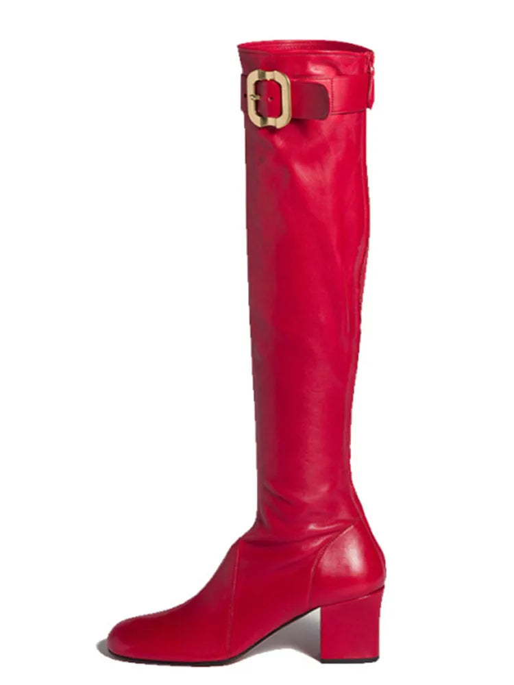 Women's New Thick High Heels Knee High Boots Autumn and Winter Round Toe Buckle Fashionable Mid Heel Boots Women's Short Boots