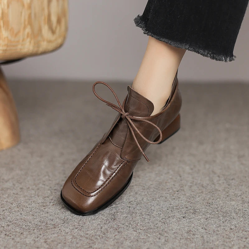 Women's Handmade Genuine Leather Shoes Medium Heel Comfort Retro Literature And Art Cross-tied Pumps Shoes 34-41