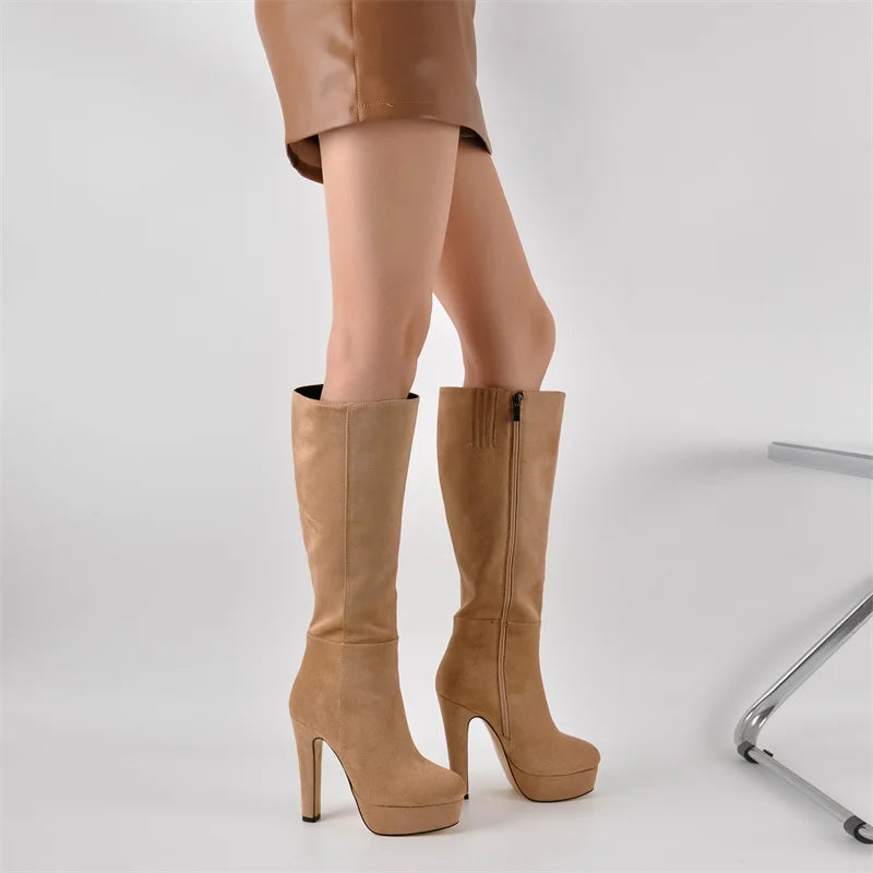 Onlymaker Women Round Toe Wide Calf Platform Knee High Boots Chunky Heel With Side Zipper Concise Tall Modern Boots