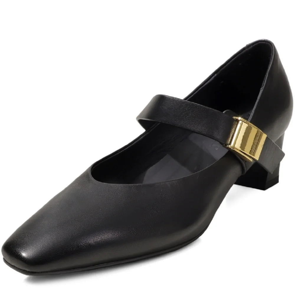 Handmade High Quality Genuine Leather Soft and comfortable Square Head Shallow Mouth Mid Heels Mary Janes Shoes