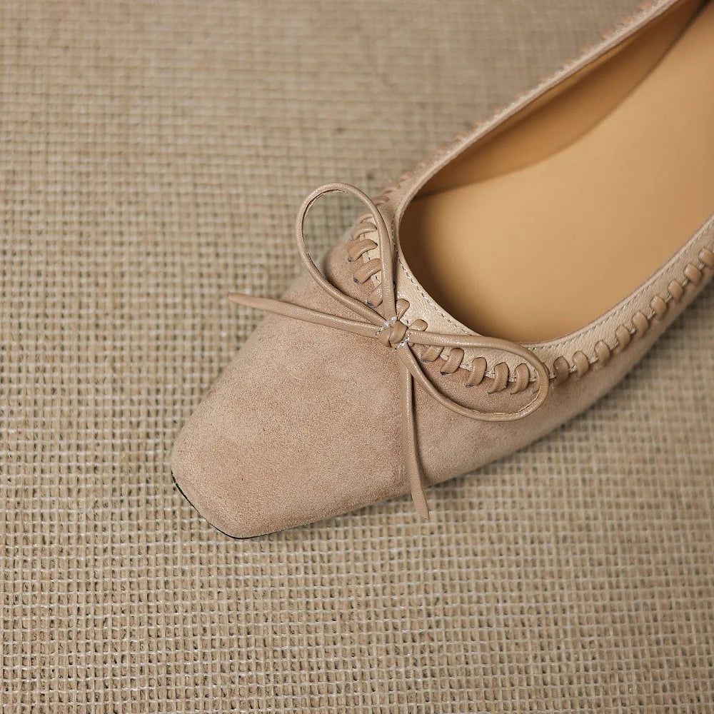 Handmade Genuine Leather Square Toe Low Heels Spring Autumn Shoes Beading Preppy Style Sewing Shallow Women Pumps
