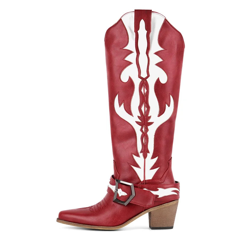 Onlymaker Women Pointed Toe Retro Pull On Western Cowgirl Boots Fringed Chunky Heel Embroidery Cowboy Boots