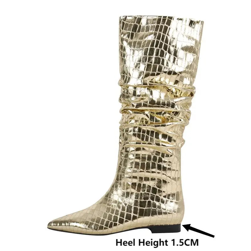 Onlymaker Women Gold Pointed Toe  Pleated Flat Knee High Boots  Block Heel Pull-On Metallic Fashion Warm Winter Boots
