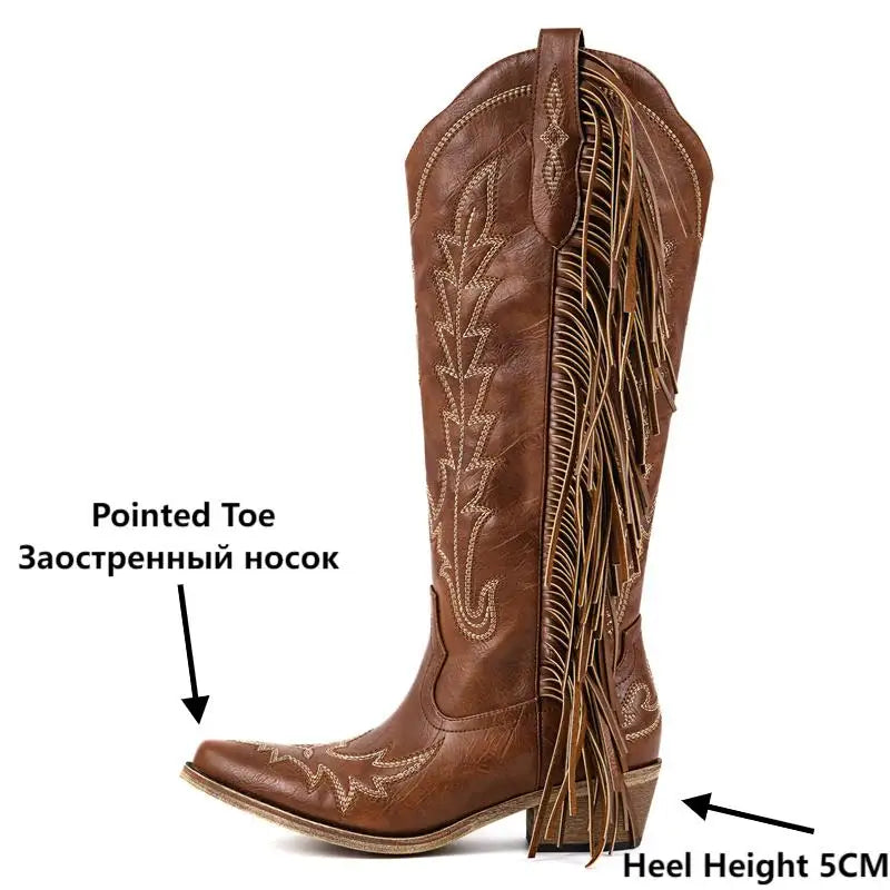 Onlymaker Women Pointed Toe Fringe Side Zipper Retro Western Cowgirl Boots Fringed Chunky Heel Embroidery Cowboy Boots