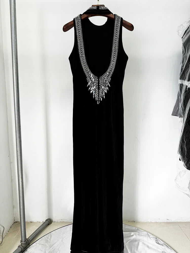 STREET Newest Fashion 2026 Designer Party Vestido Women's Diamonds Beading Sleeveless Sexy Backless Velvet Long Maxi Dress
