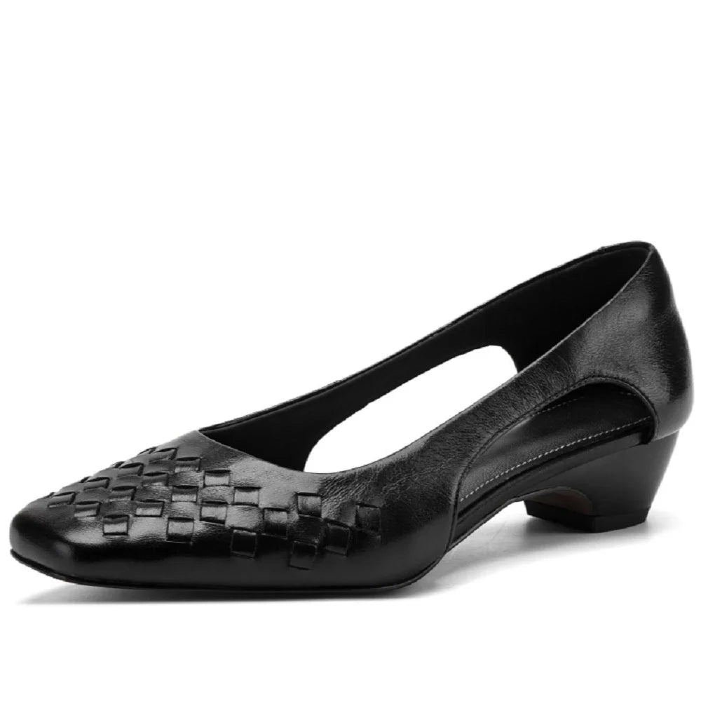 Handmade Genuine Leather Woven Slip-On Bean oes with Mid Heel for Women Comfortable Commuting Footwear 34-40