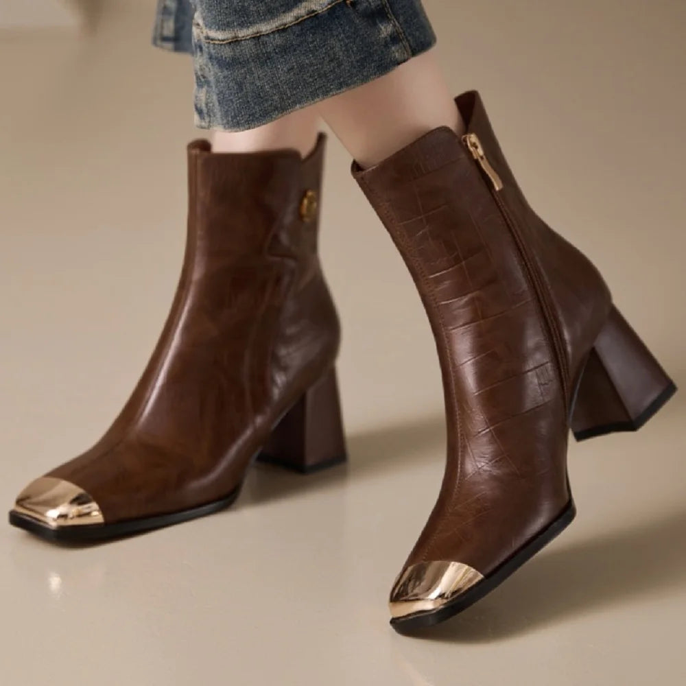 Women's Handmade Genuine Leather ort Boots Metal Square Head High Heel Autumn Winter Slim Fit Street Boots 34-40