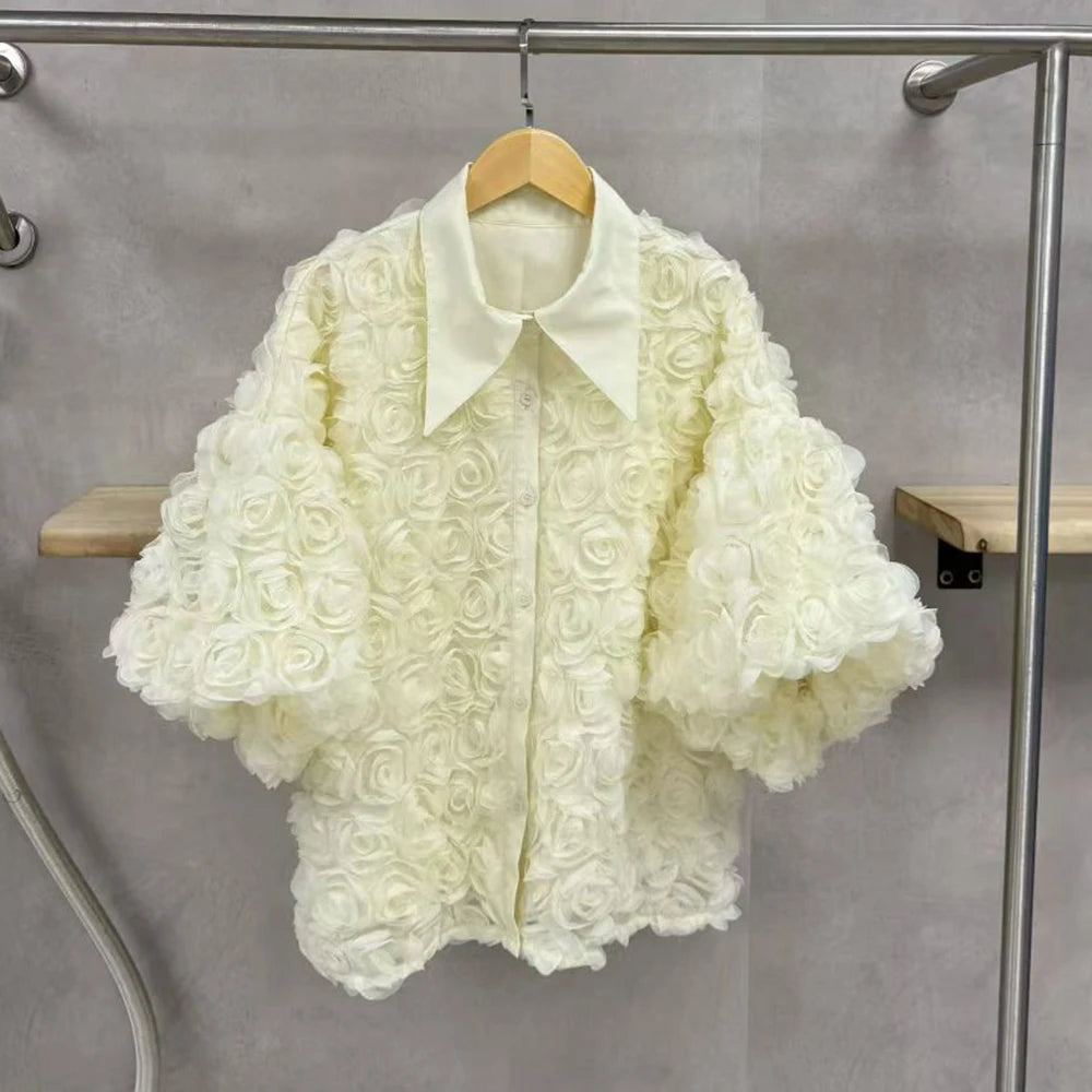 Elegant High End Style Shirts for Women Lapel Half Sleeve Patchwork Petal Stylish Temperament Black Shirt Female Spring New