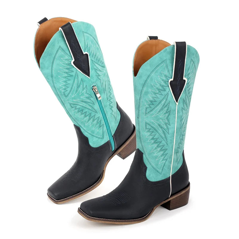 Onlymaker Women Square Toe Embroidered  Western Boots Block Heel Fashion Big Size Side Zipper Cowgirl Boots