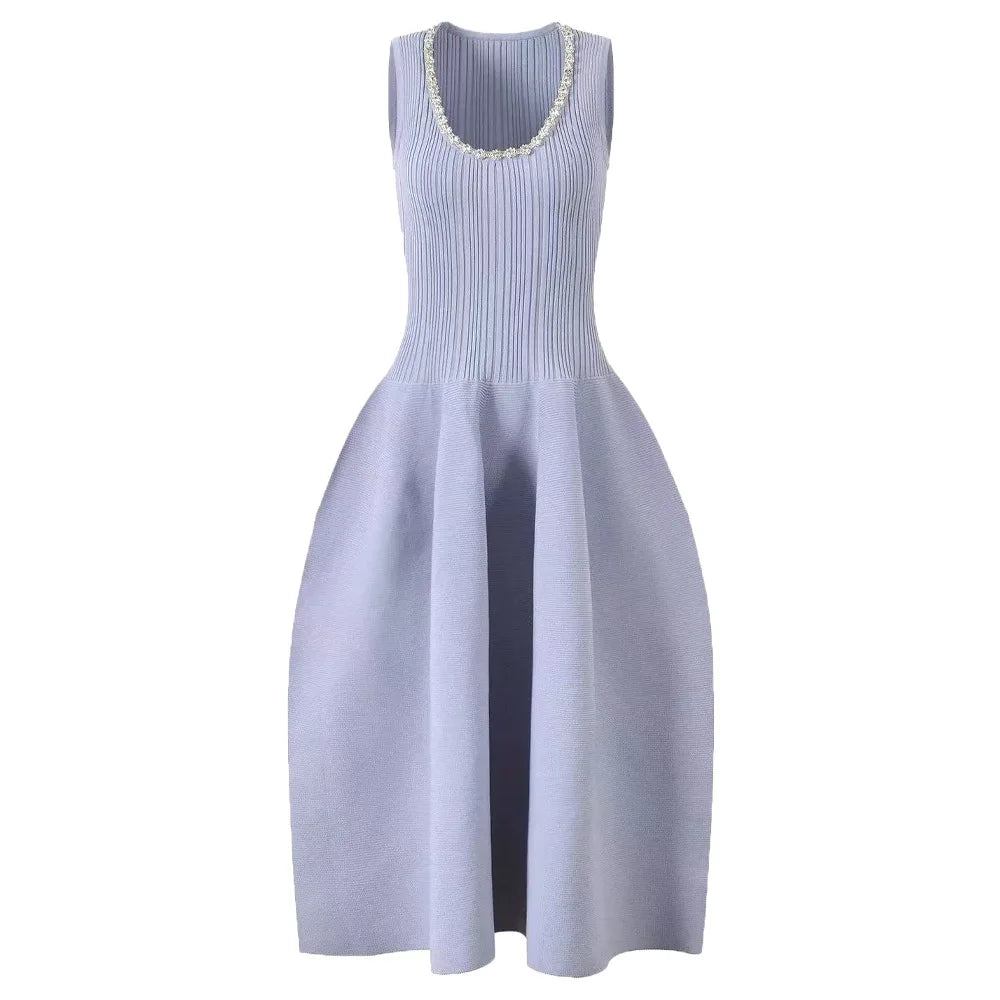 Woman U-neck slim fit knitted dress suspenders office ladies elegant midi robe