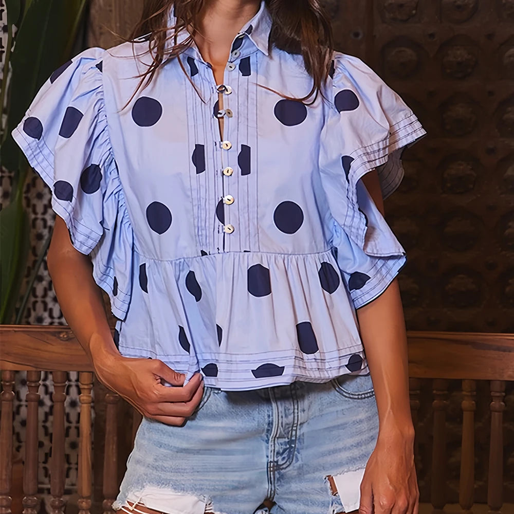 Women Vintage Polka Dot Short Ruffle Sleeves Tops Cute Button V Neck Pleated Cropped Babydoll Blouses Aesthetic Preppy Shirts