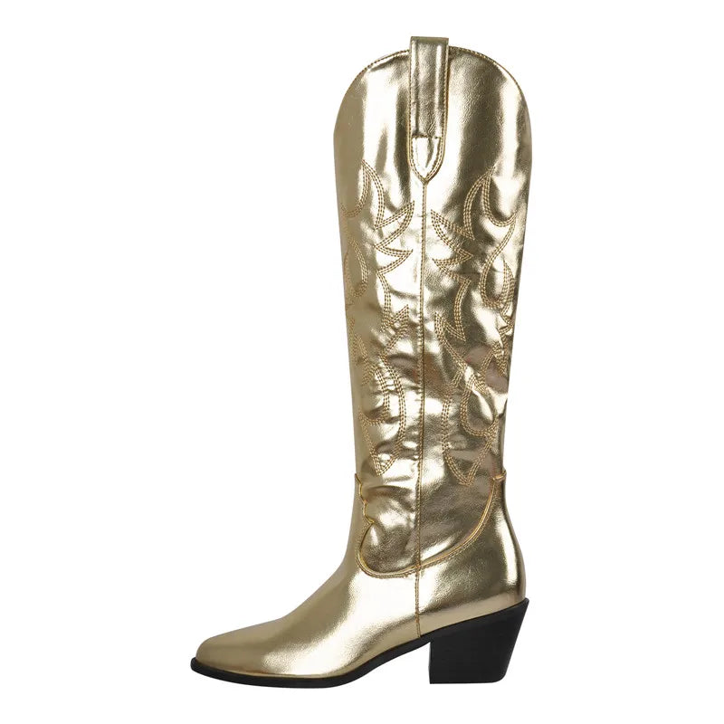 Onlymaker Women White Knee High Boots Western Cowboy Boots Wide Calf Embroidered Pointed Toe Block Heel Pull-On Cowgirl Booties