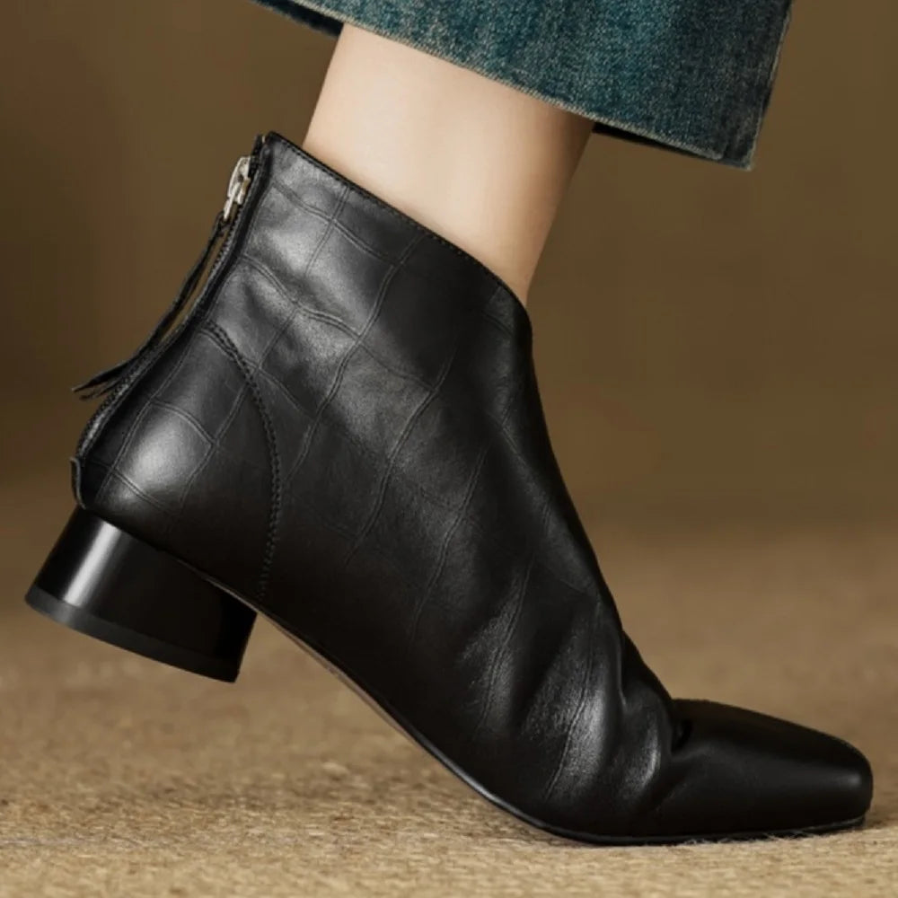 women's stone pattern cow leather square toe front Back ankle boots med heel casual short boots 34-40