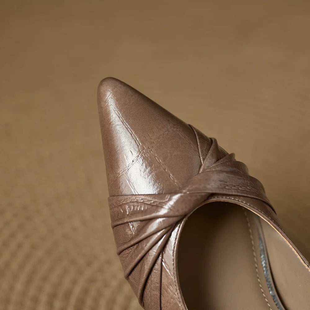 Women's Handmade Genuine Leather pointed toe slip-on pumps Mid heel elegant ladies style daily slim dress heeled