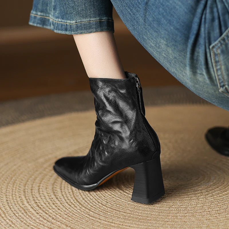 Women's genuine leather square toe back zip ankle boots elegant ladies thick high heel daily dress slim 33-40
