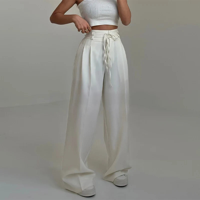 Fashion Y2K Wide Leg Long Pant For Women Elegant Elastic High Waist Double Drawstring Baggy Pant Office Lady Loose Suit Trousers