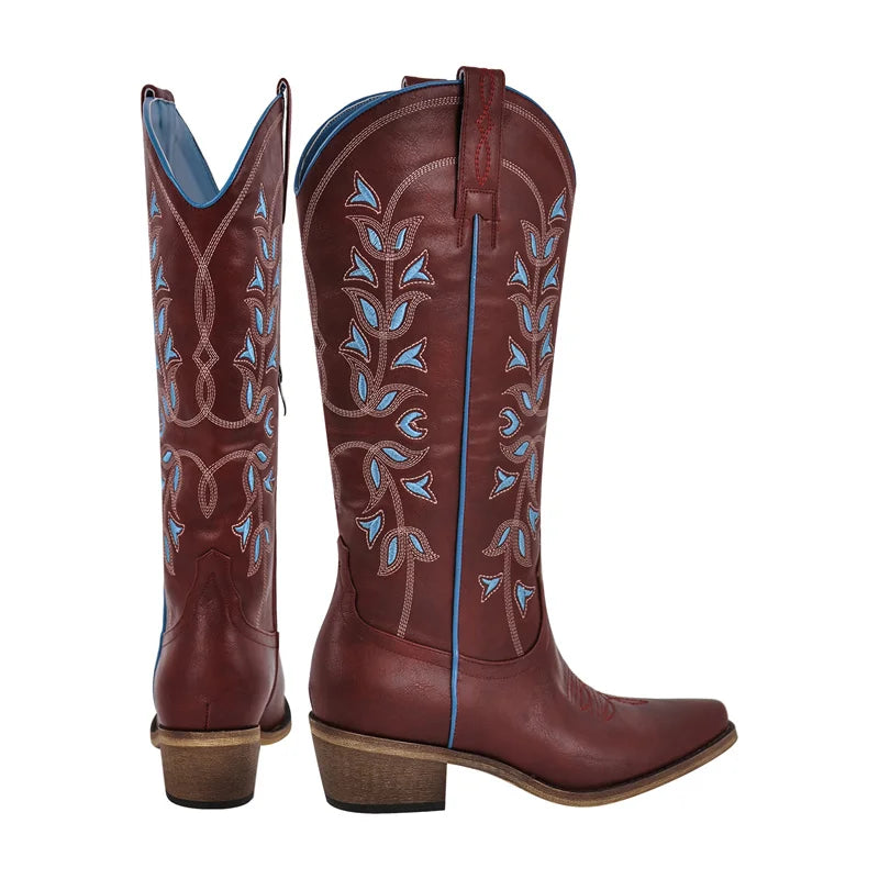 Onlymaker Women Western Cowboy Boots Pointed Toe  Embroidered  Block Heel Fashion Side Zipper Cowgirl Boots