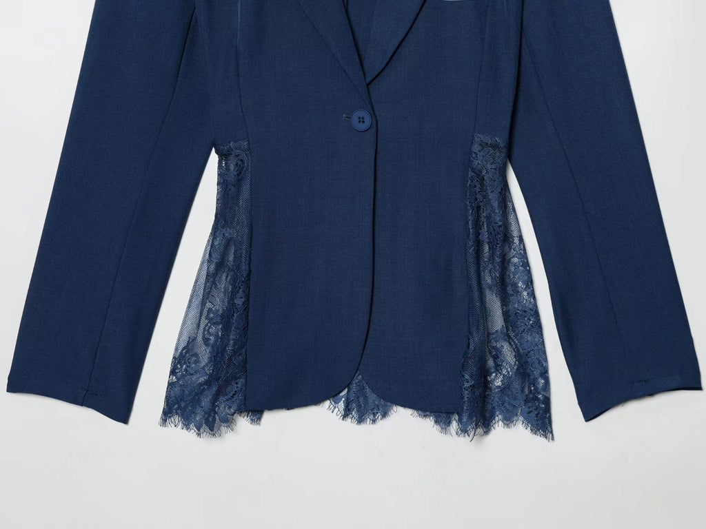 European and American Style Women's Spring New Arrivals Fashion Elegance Trendy Color Block Lace Fit-and-Flare Blazer Coat
