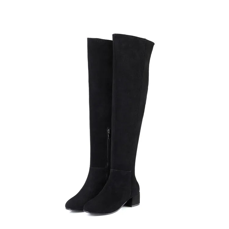 2025 Autumn and Winter New Women's Knee Over Boots Round Head Thick High Heels Side Zipper 34-46 Large Women's Boots