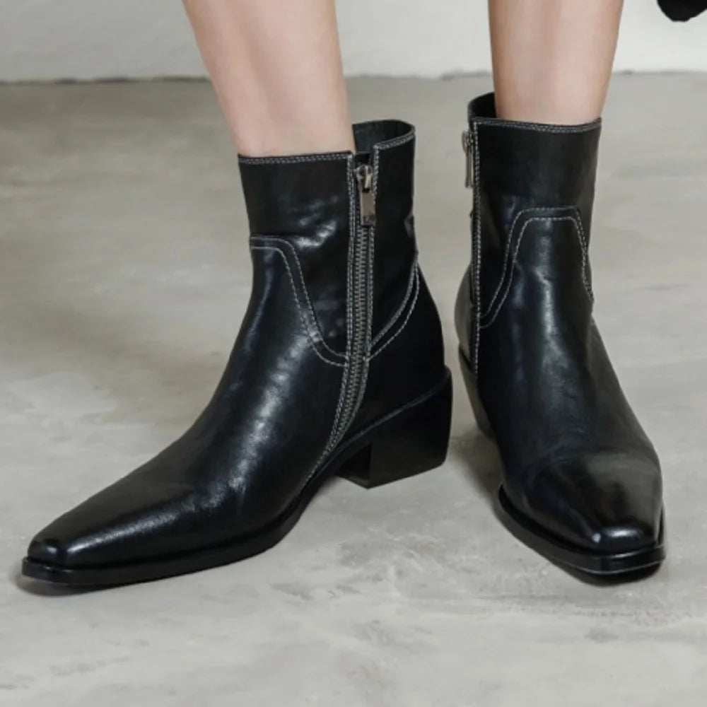 Handmade Genuine Leather Soft and comfortable Ankle Boots Women's Chunky Heel Retro ort Pattern Booties 34-40